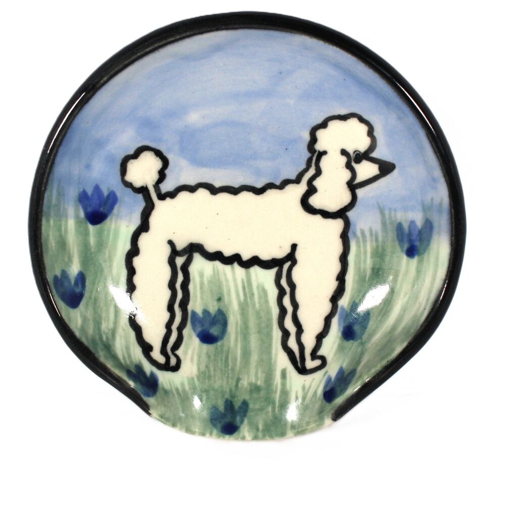 Karen Donleavy KD Signed Hand Thrown Painted Spoon Rest Trinket Dish Blue Poodle